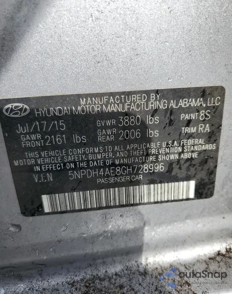 2016 Hyundai Elantra Se z USA, uszkodzony, nr VIN 5NPDH4AE8GH728996